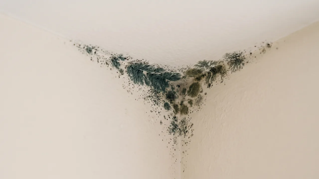 Black-green mould spreading across a damp painted wall